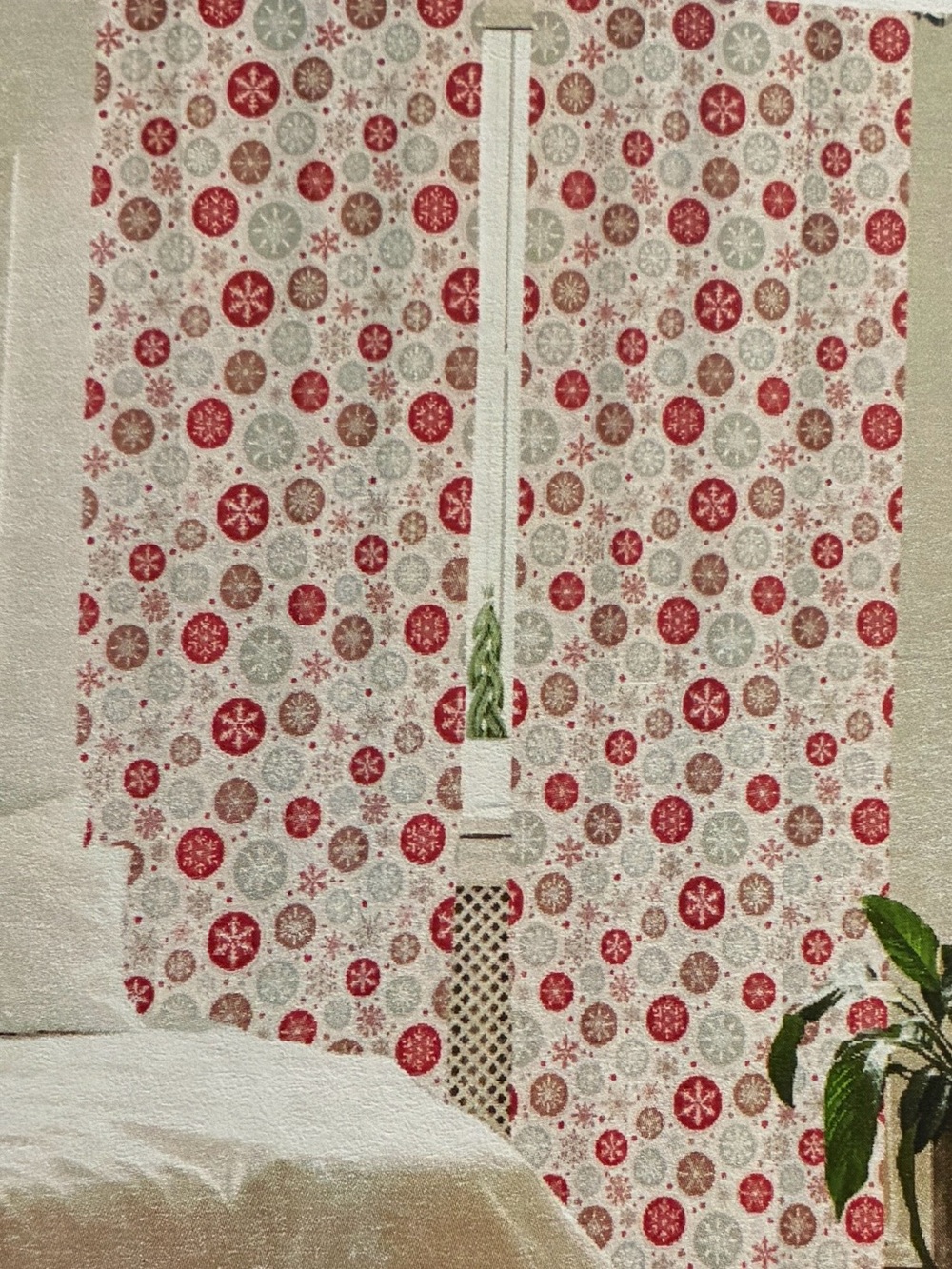 Holiday Snowflake Curtains Panel Set in Red, Tan, and Gray on White 1 Pair
